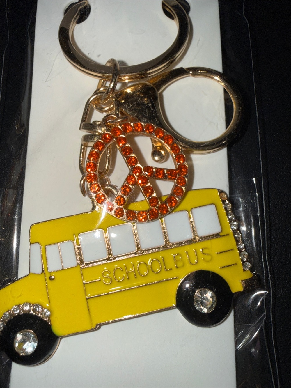 Yellow School Bus Keychain with Orange Rhinestone Peace Charm